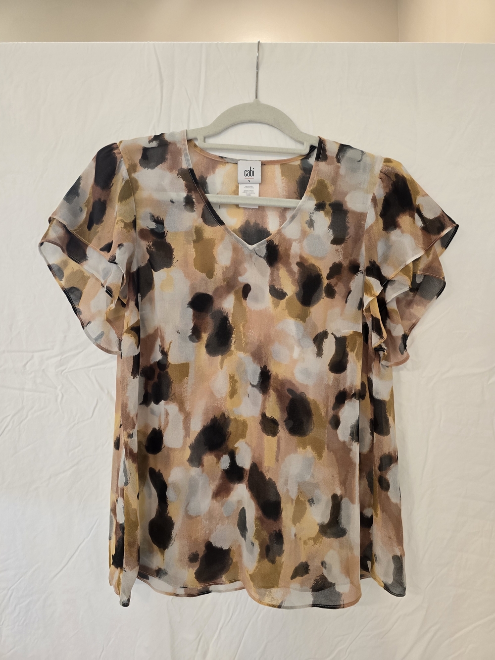 CAbi Multicolor Watercolor V-Neck Flutter Sleeve Blouse